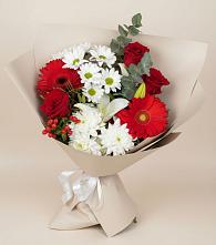 Букет цветов из:  Розы, Хризантемы, Герберы и Лилии в Новой Ладоге