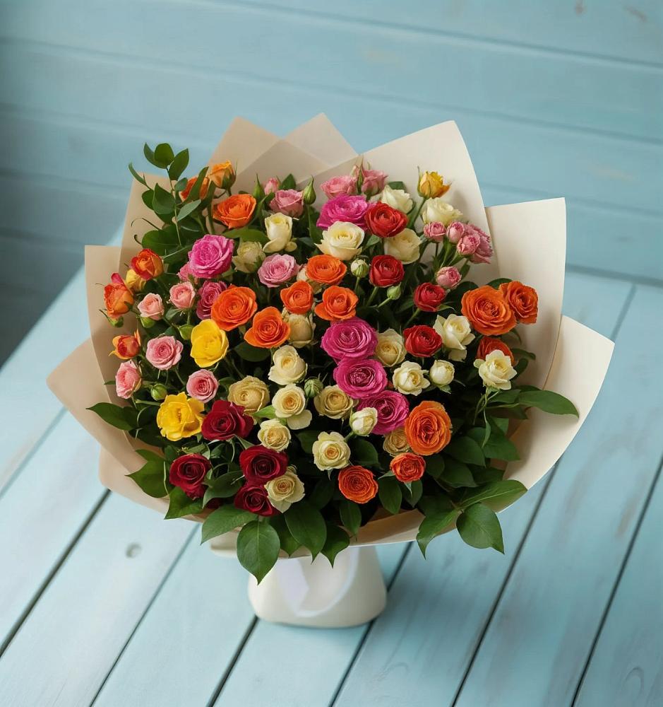 Букет Микс из разноцветных кустовых роз в Новой Ладоге