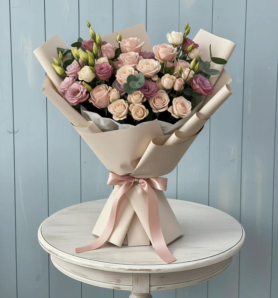 Букет цветов из: Розы и Лизиантусы в Новой Ладоге