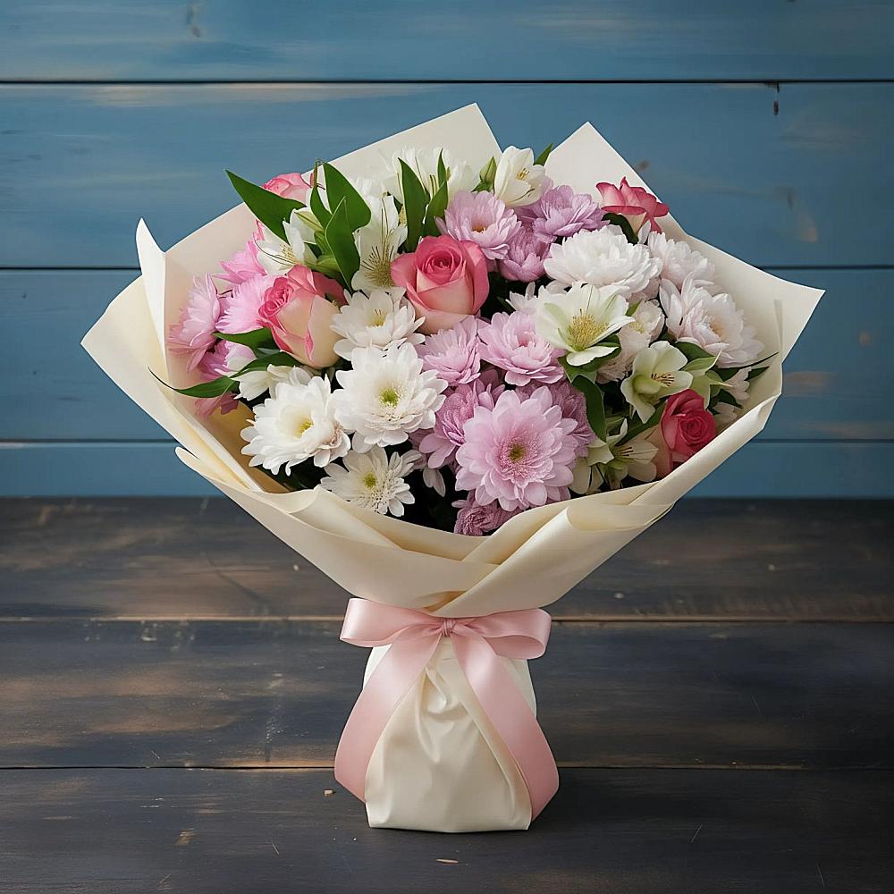 Букет цветов из: Хризантемы, Альстромерии и Розы в Новой Ладоге